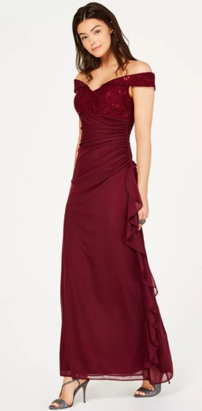 NWT Betsy & Adam burgundy lace ruffled off shoulder maxi dress gown 8P 10P